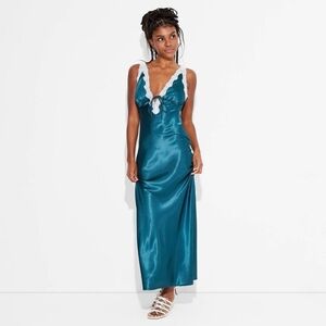 Wild Fable Teal Satin Chemise with White Lace